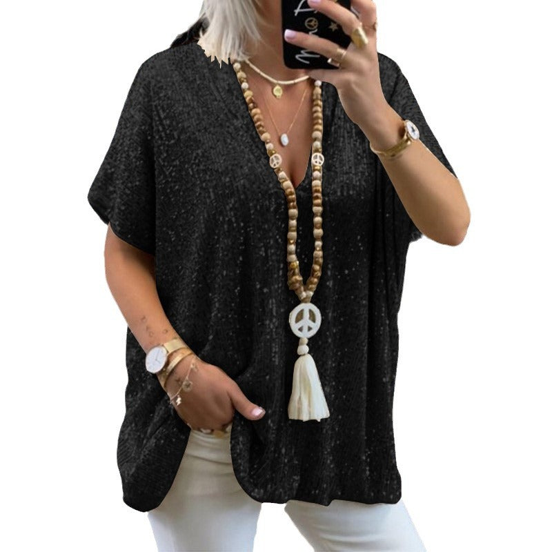 Women's sparkling top with an elegant V-neck and a relaxed fit, size [size]