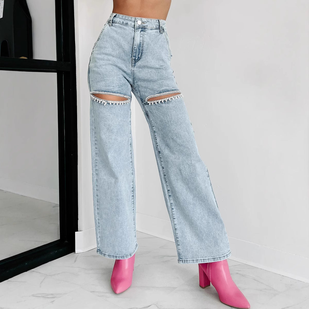 Women's wide-leg jeans with cut-out details and elegant fringe, size GR