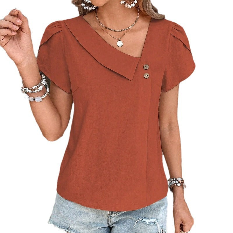 Women's casual top with elegant V-neck and button details, size