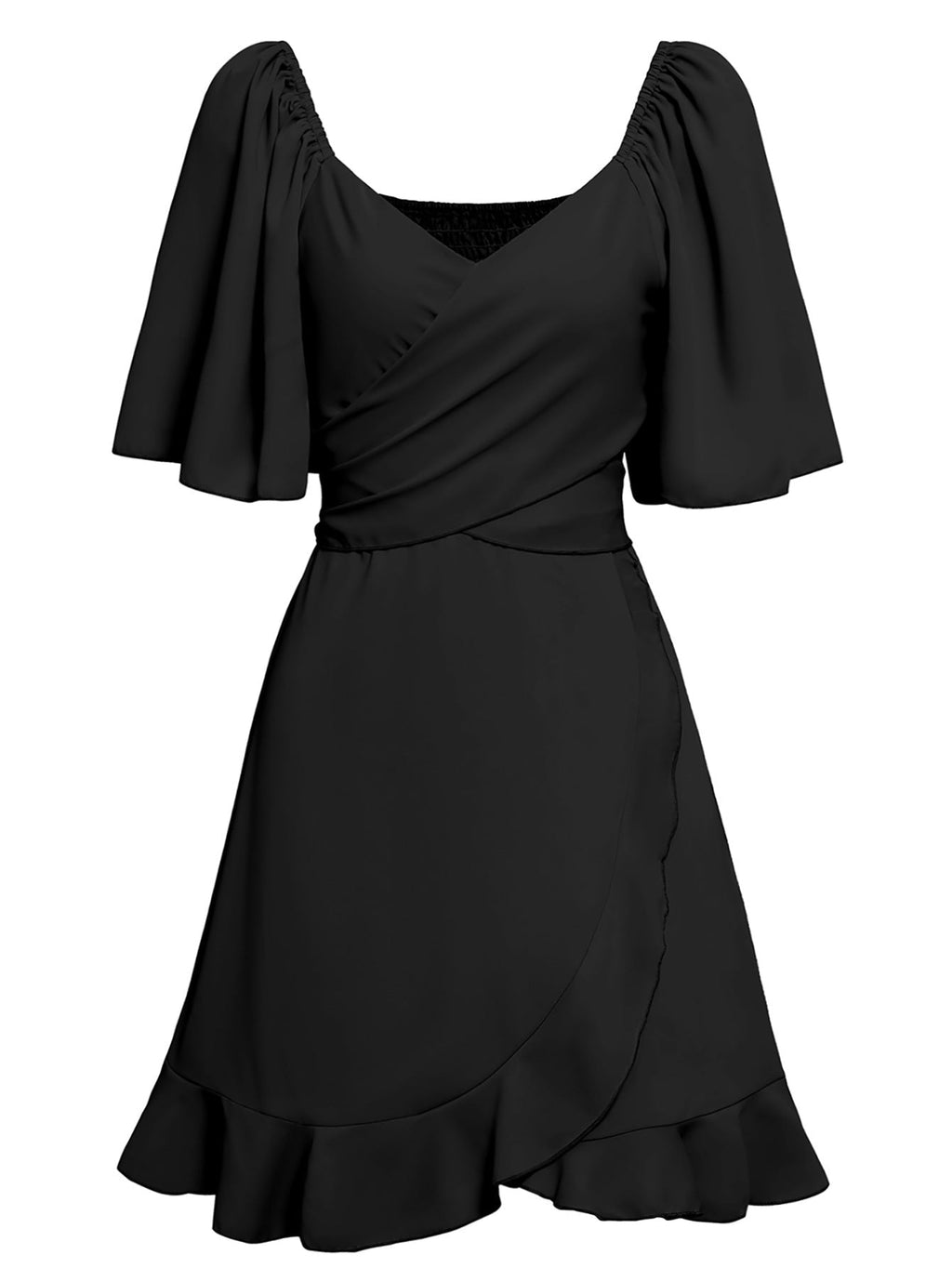 GR | Lässiges Kreuz V-Ausschnitt Kurzarm Wickel Einfarbig Mini Kleid