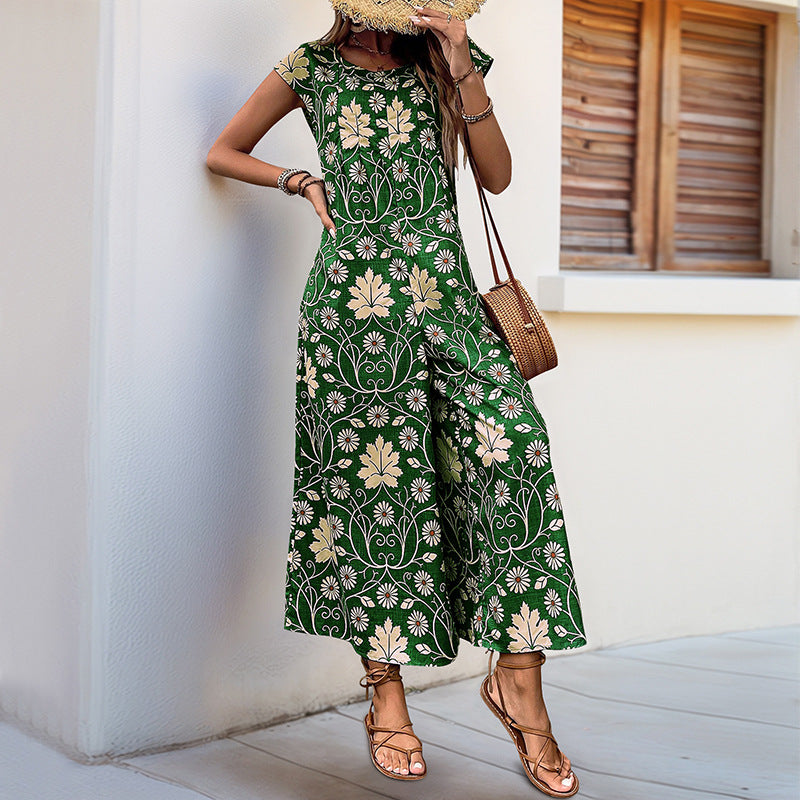 Women's jumpsuit with floral design and chestnut brown tie belt, size