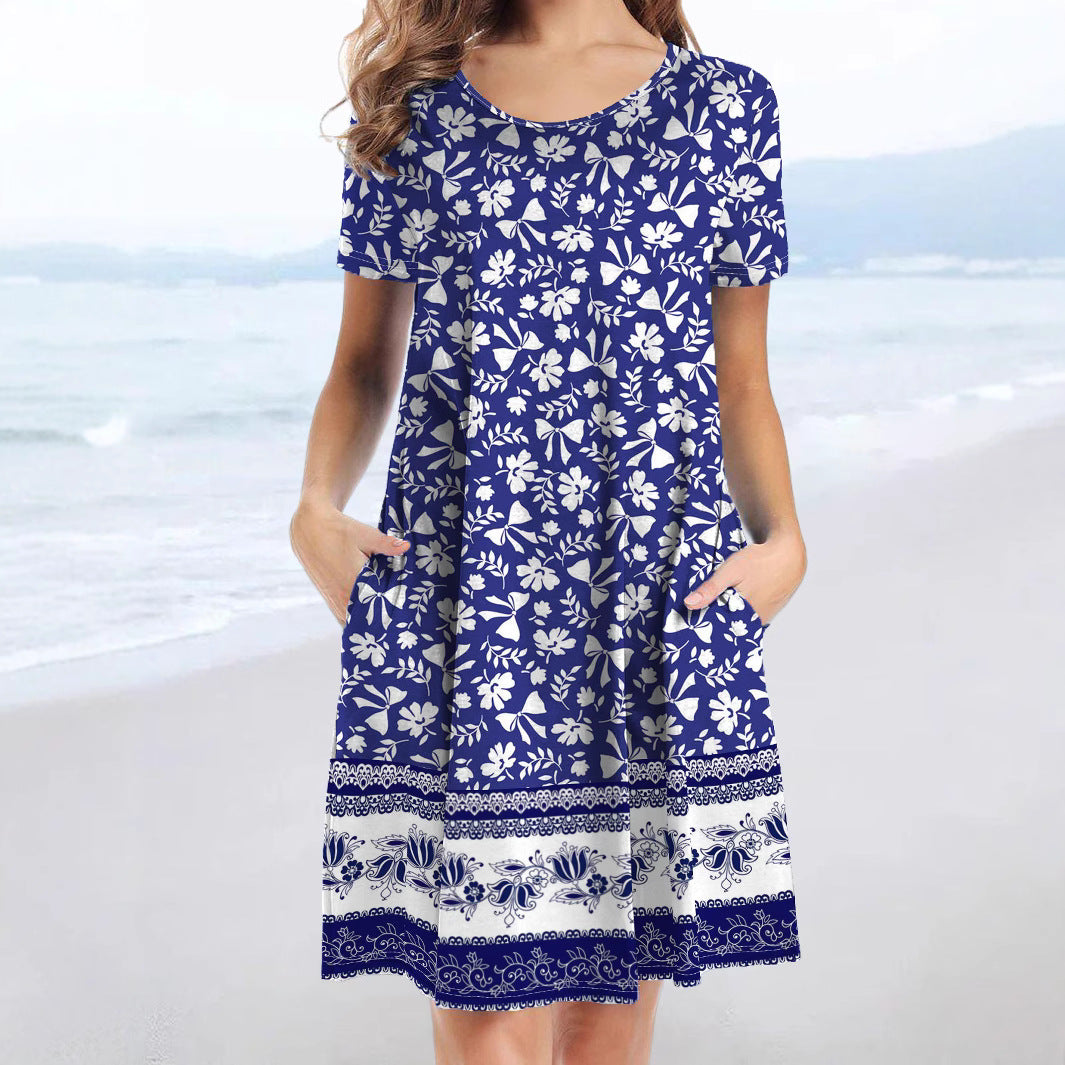 Women's casual dress with playful floral print and practical pockets, size