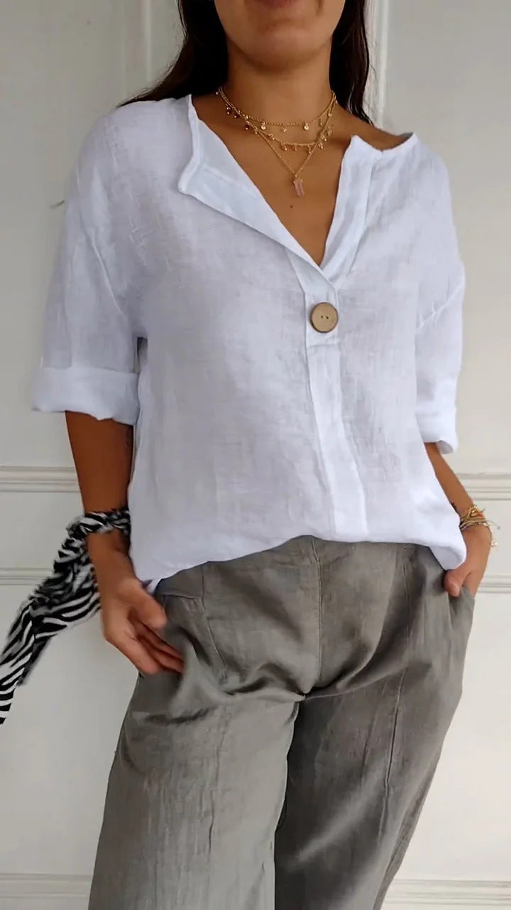 Women's airy linen blouse with front button and wide sleeves, size
