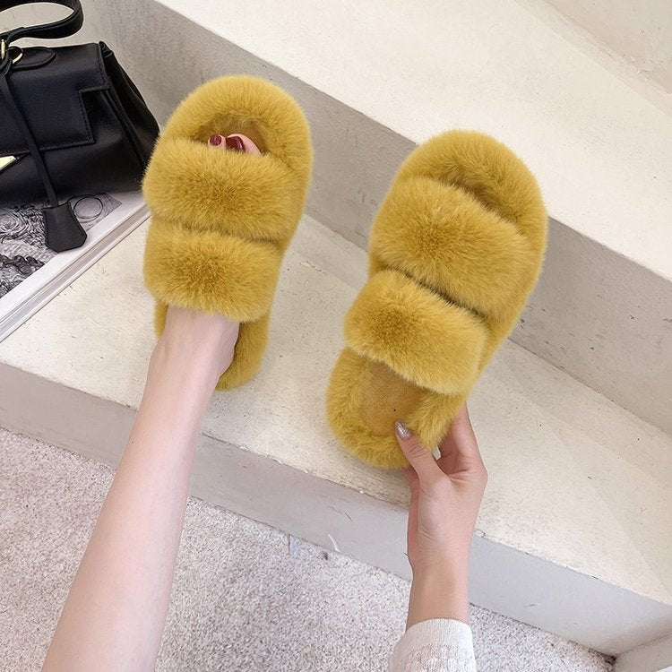 Women's Fluffy Slippers with Double Straps and Soft Lining, Size