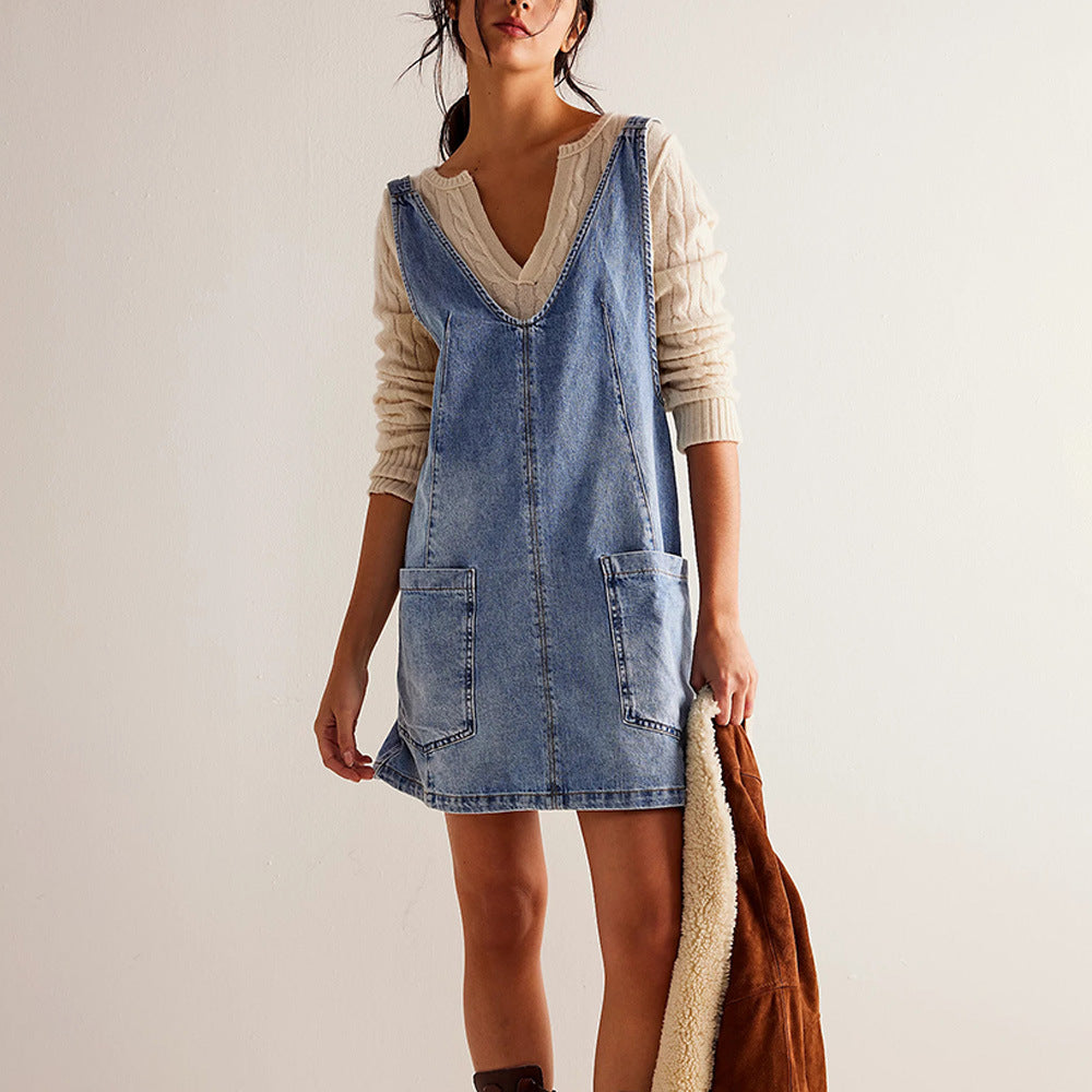 GR | Denim Träger Pocket Verstellbares Mini Kleid