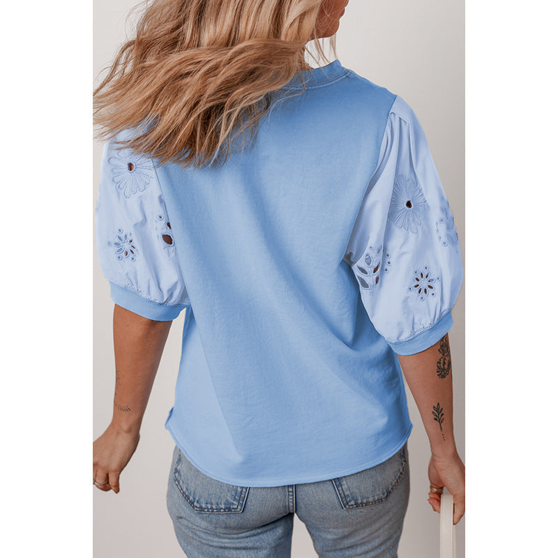 Women's T-shirt with puff sleeve designs and embroidered accents, size GR
