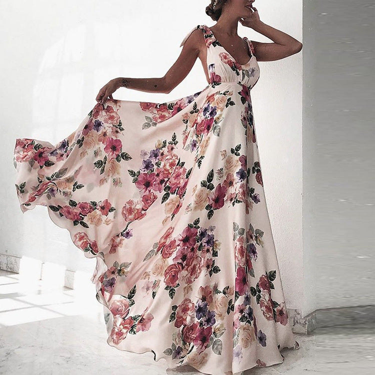 GR | Printed long-sleeved spaghetti strap dress with a wide hem