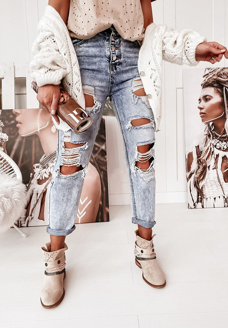 Damen Destroyed Boyfriend Jeans im lässigen Vintage-Stil mit hohem Bund GR