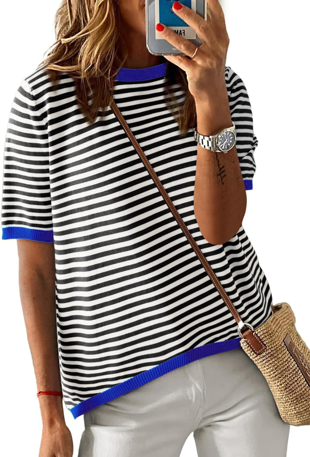 Women's comfortable striped casual blouse with contrasting collar, size