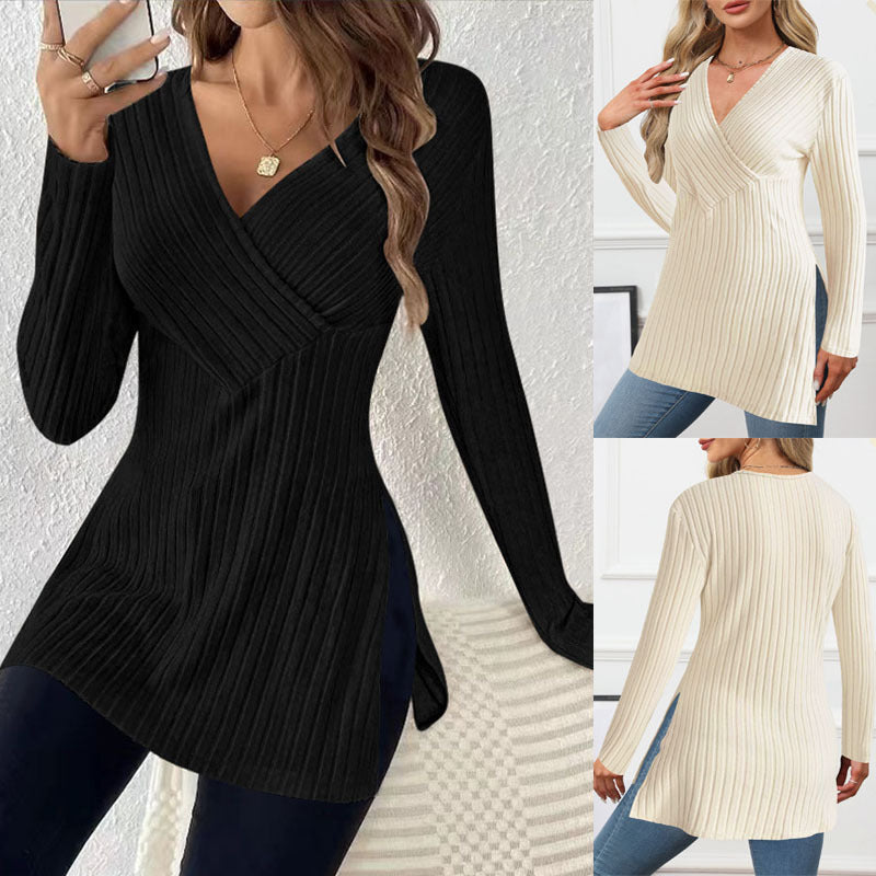 Women's elegant long-sleeved wrap-style shirt with textured ribbed look, size