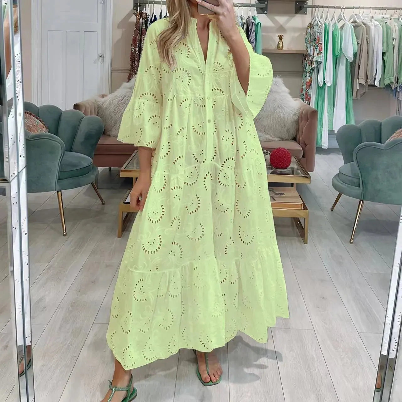 GR | Women's full-length V-neck dress in French style