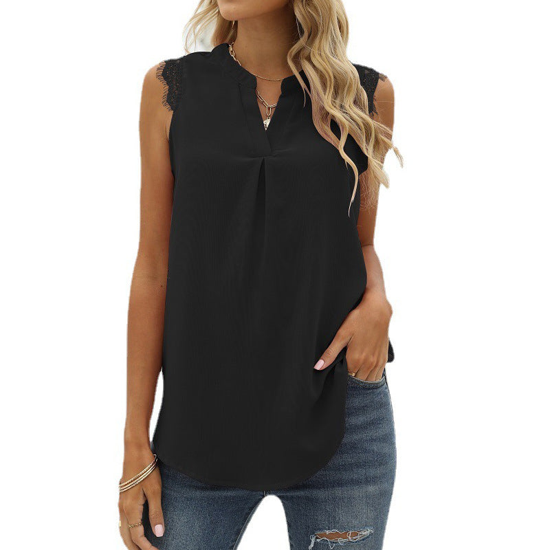 Women's sleeveless blouse with elegant lace insert and fashionable pleats, size