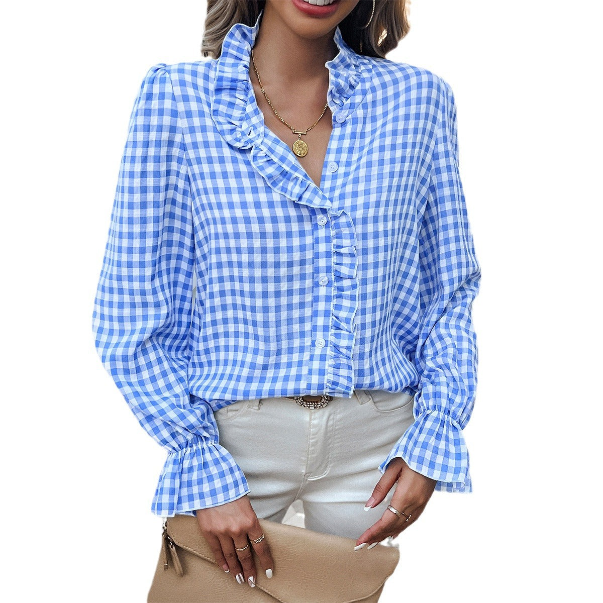 Damen Karierte Bluse mit Rüschendetails und Knopfleiste GR