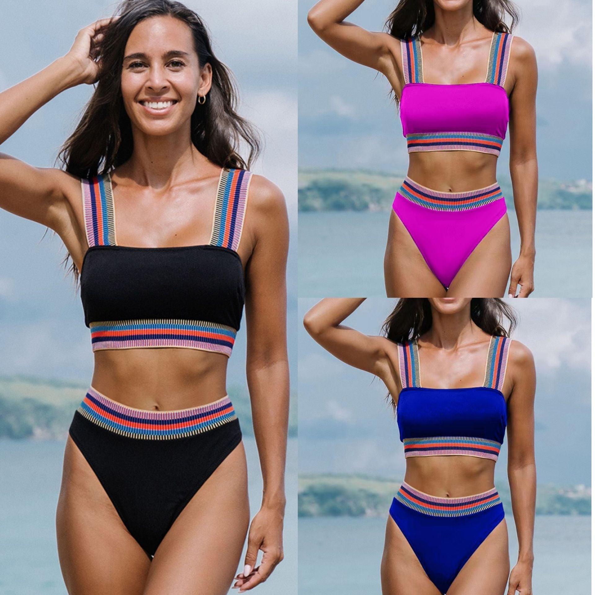 Women's bikini set with wide, colorful straps and high waistband, size [size missing]