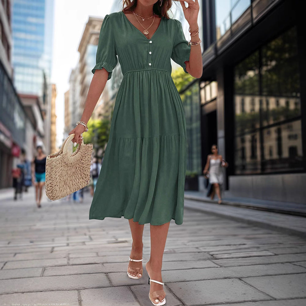 Women's midi dress with buttoned V-neck and airy puff sleeves, size