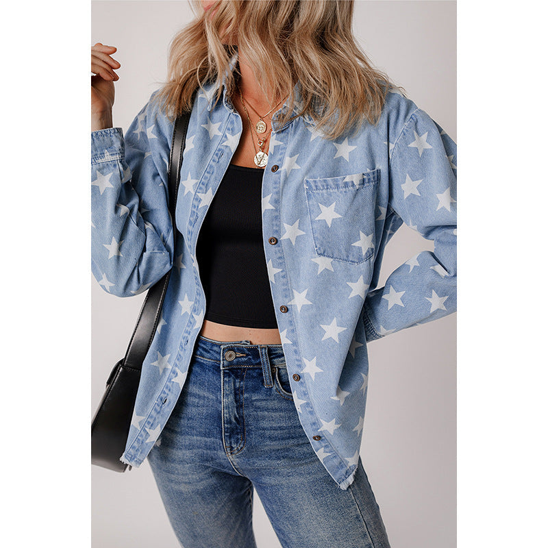Women's denim shirt with star pattern and practical chest pocket, size