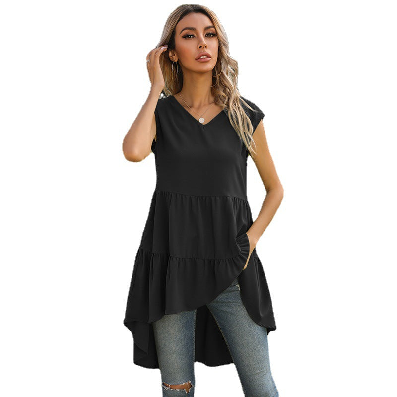 Women's sleeveless tunic dress with asymmetrical hem and chic flounce, size GR