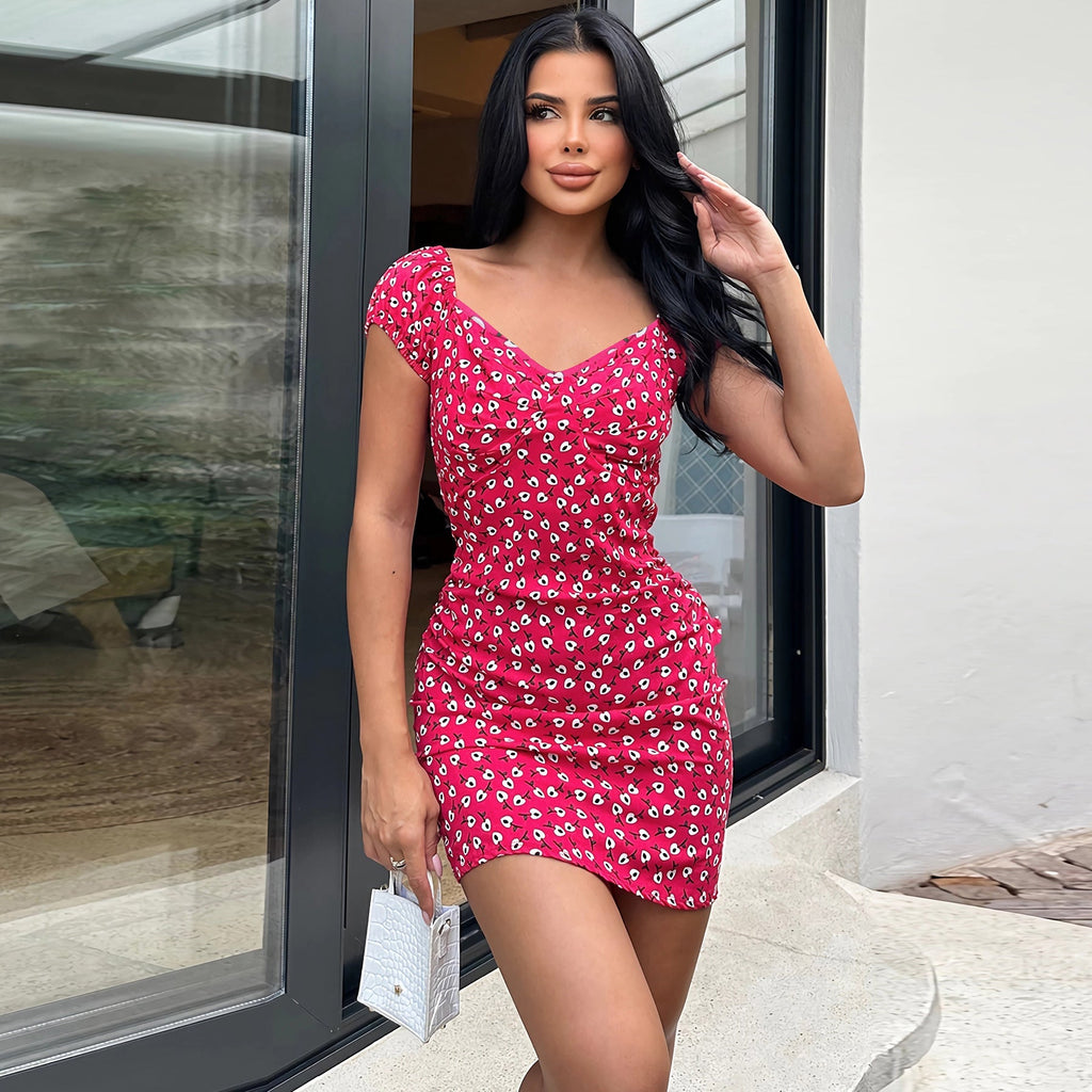 Women's floral print mini dress with puff sleeves, size