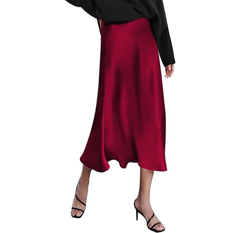 Women's elegant midi skirt in satin viscose with a flowing drape, size GR
