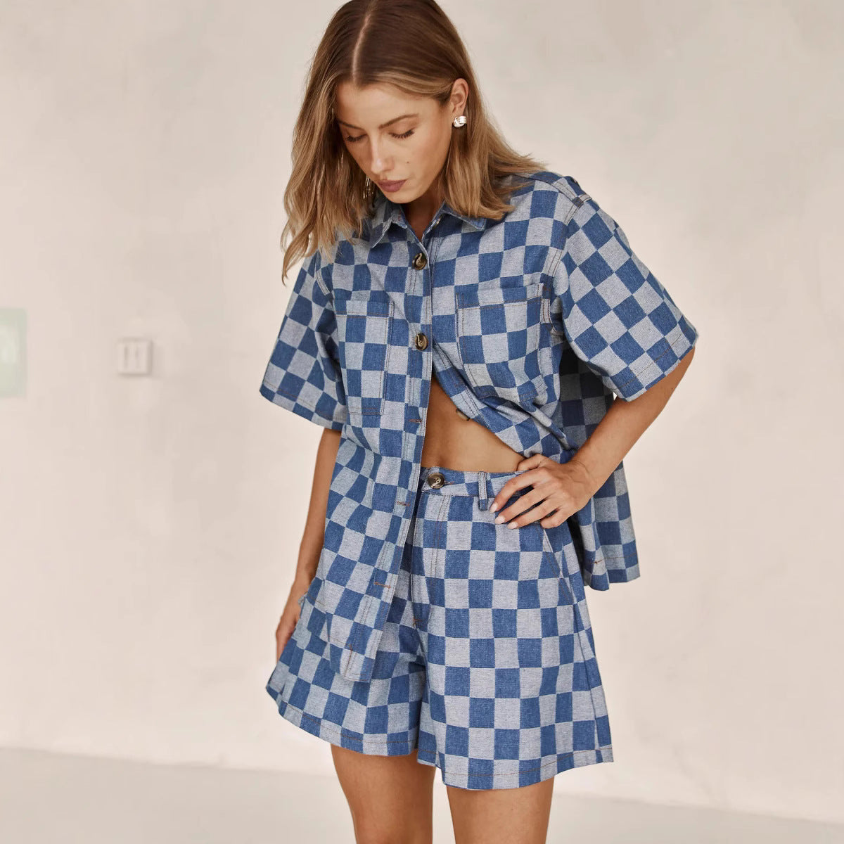 Women's Checkered Denim Shirt Set, Size