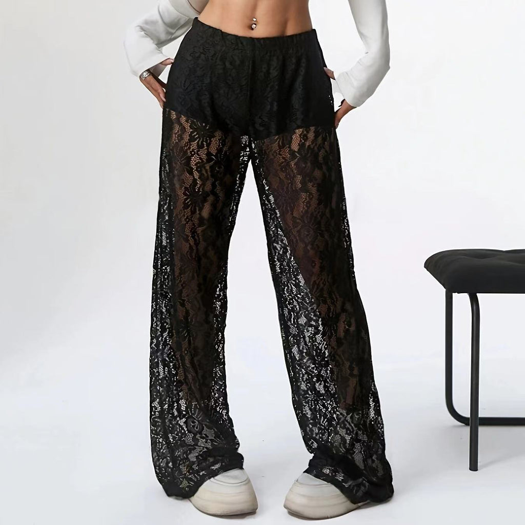 Women's elegant lace trousers with a wide cut and elasticated waistband, size