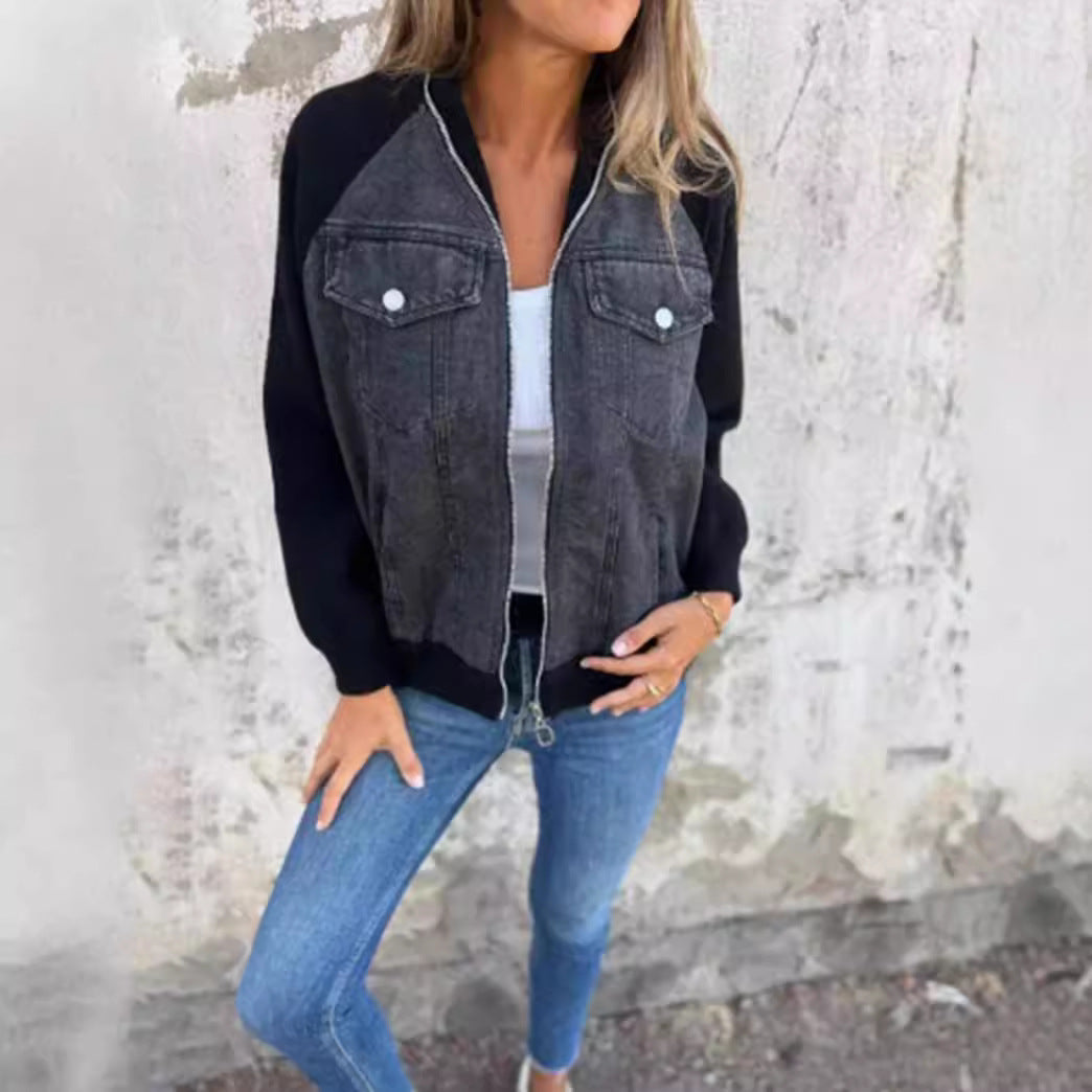 Women's denim jacket with contrasting sleeves and practical pockets, size S