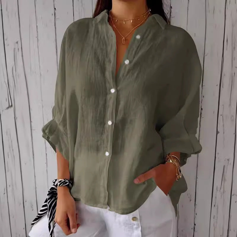 Women's casual linen blouse with button placket and side pockets, size