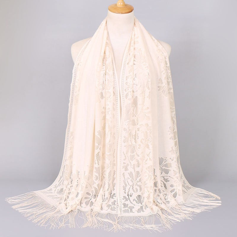 Women's long lace scarf with fringed edges, size