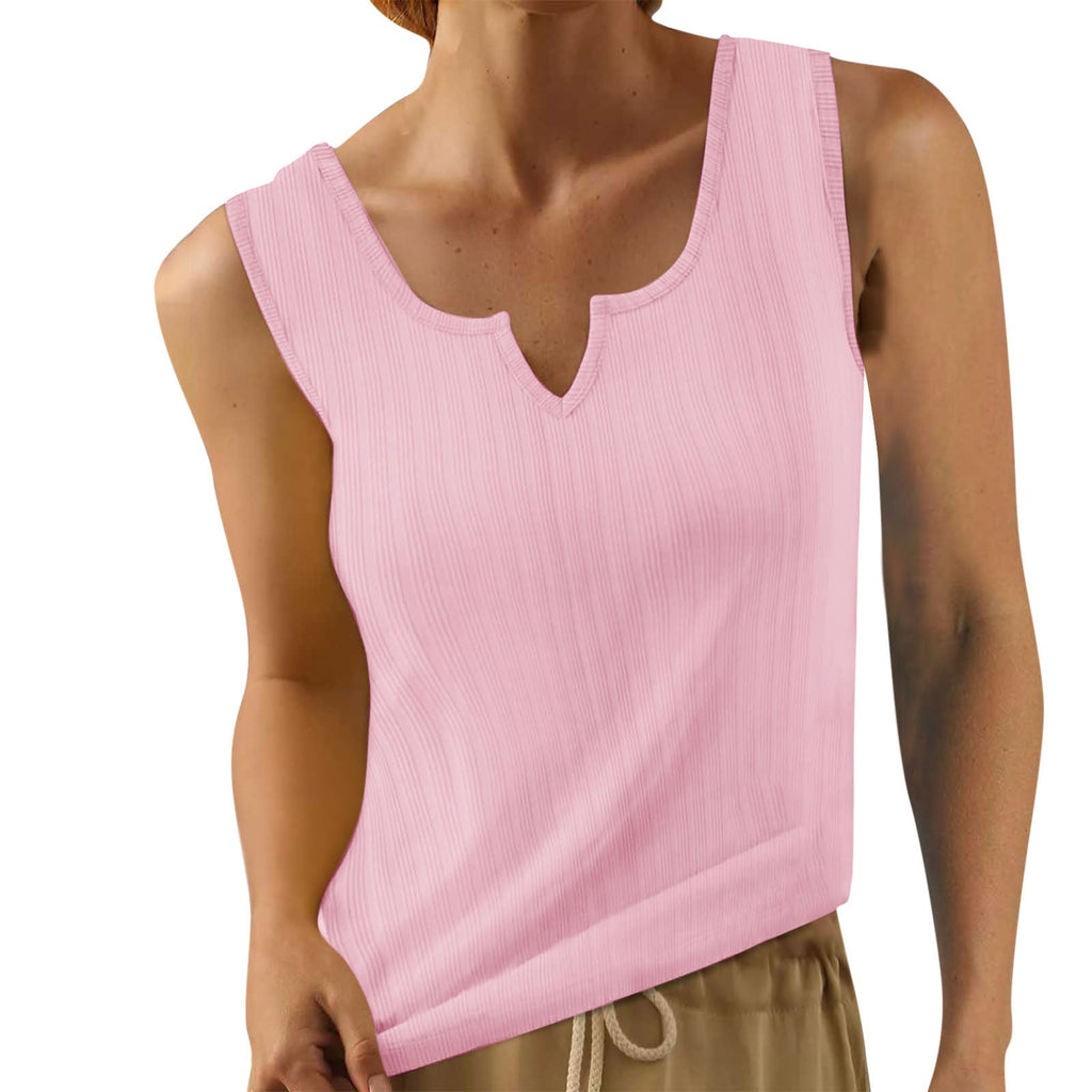 Women's sleeveless top with structured V-neck and fine rib design, size GR