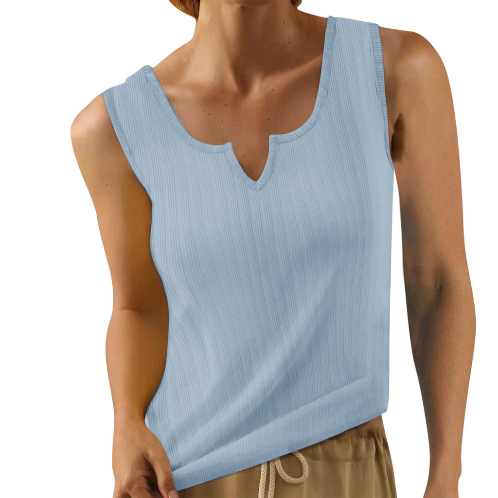 Women's sleeveless top with structured V-neck and fine rib design, size GR