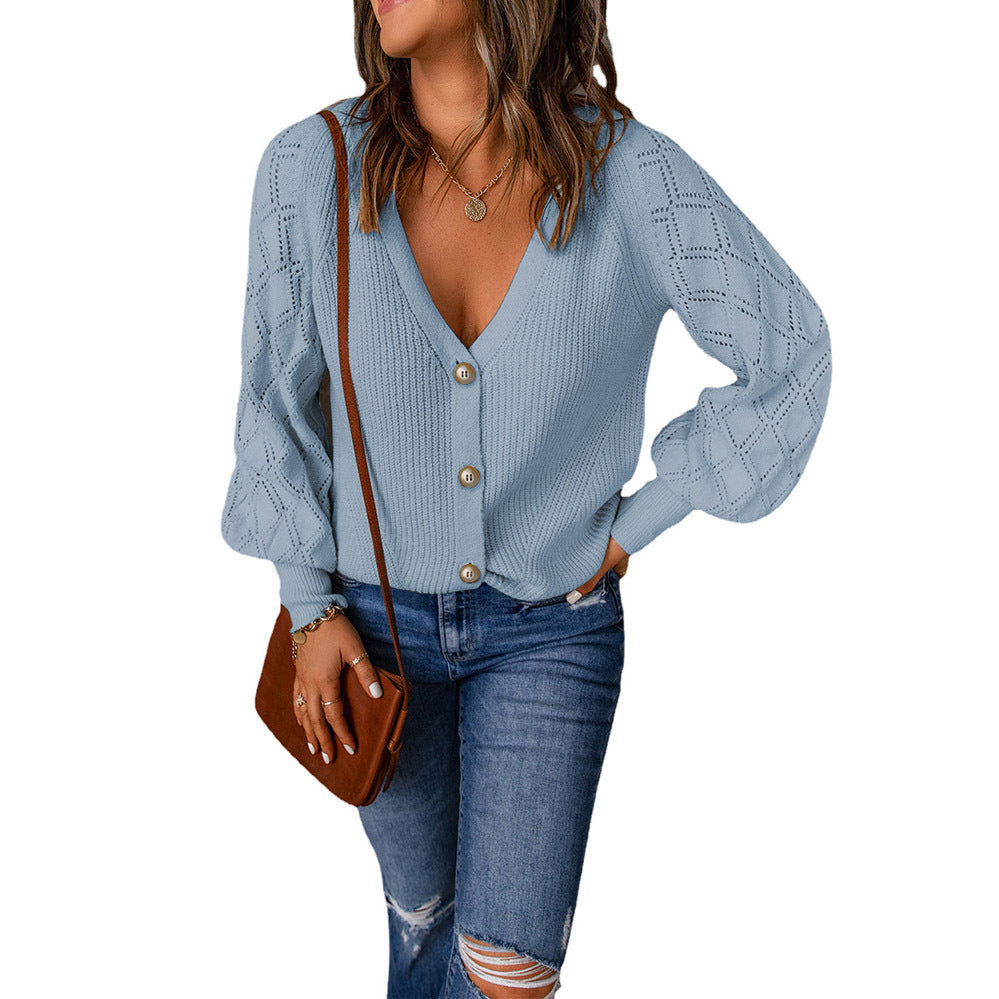 Damen Strickjacke mit V-Ausschnitt und Puffärmeln GR