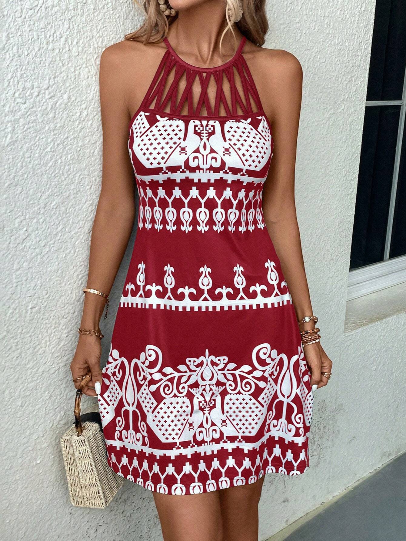 Damen ärmelloses Sommerkleid mit modischem Cut-Out-Design und grafischem Muster GR