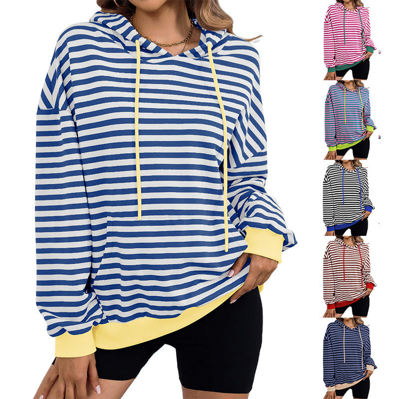 Damen gestreifter Kapuzenpullover mit stylischer Kängurutasche GR
