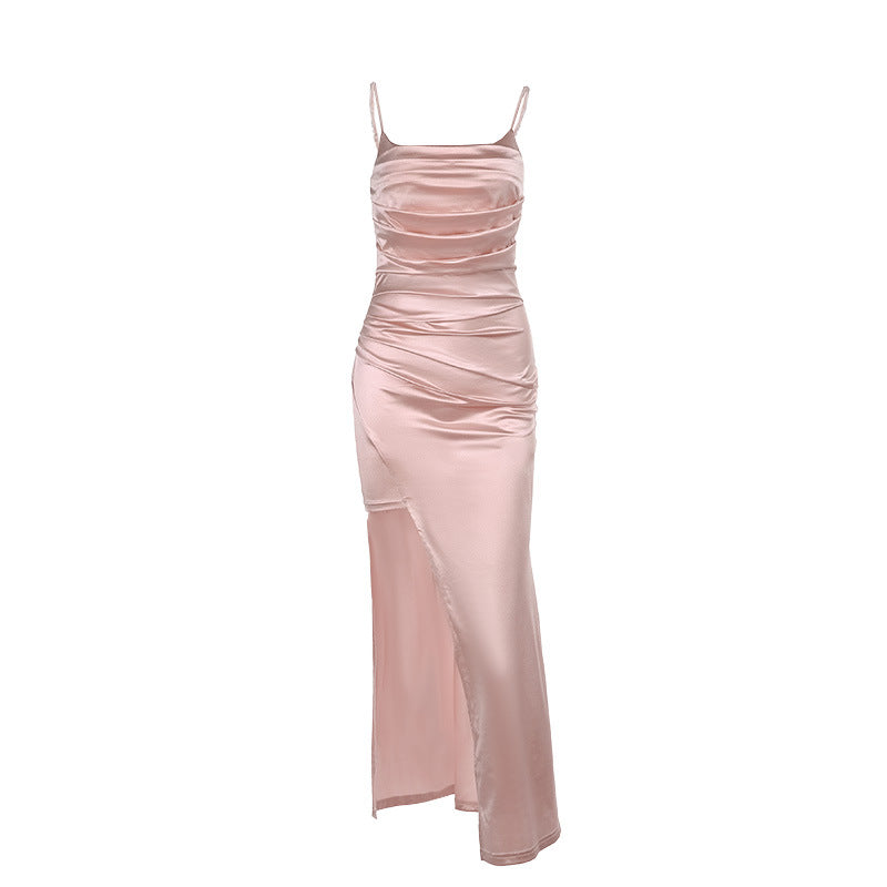 Women's elegant satin evening dress with sophisticated draping and high slit, size [size]