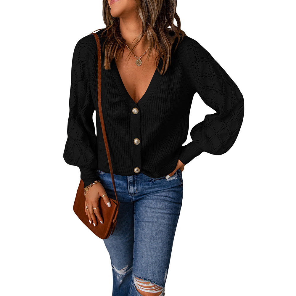Damen Strickjacke mit V-Ausschnitt und Puffärmeln GR