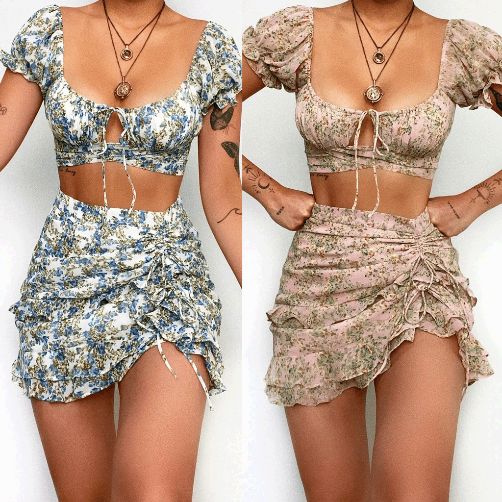 Women's crop top and mini skirt with floral design, size
