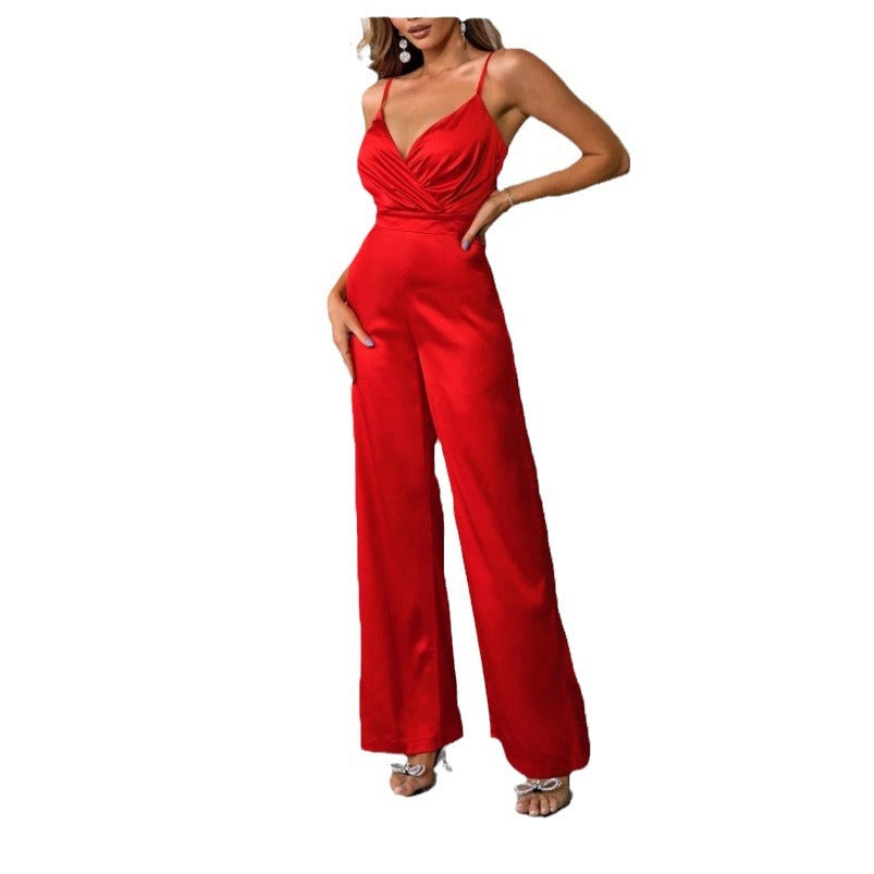 Women's elegant jumpsuit with wrap top and long, straight legs, size [size]