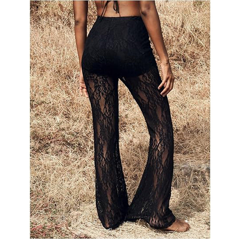 Damen elegante Spitzenhose mit hohem Bund und weit geschnittenem Bein GR