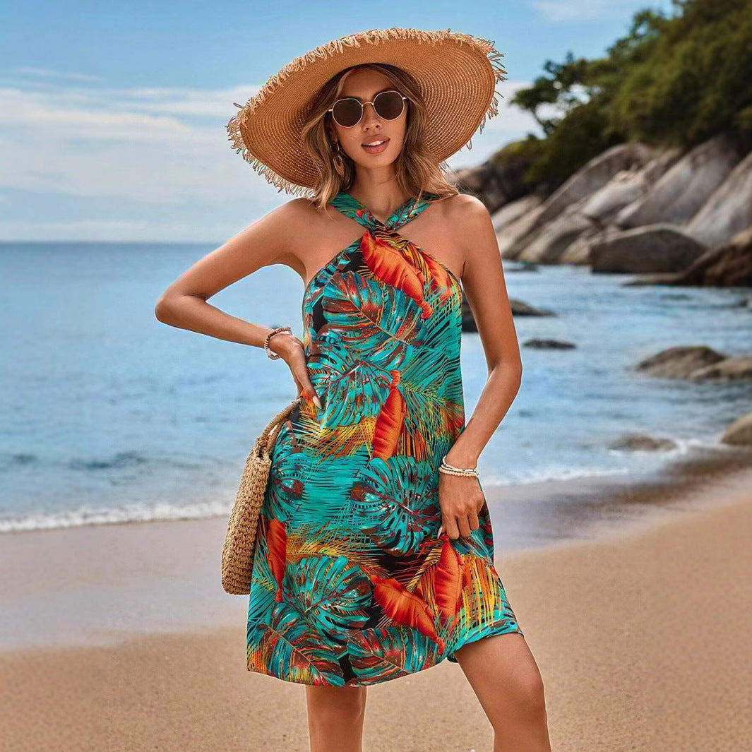 GR | Print Halter Strand Urlaub Fließendes Kleid