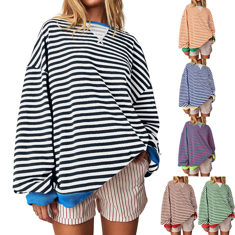 Women's Comfortable Striped Sweater with Raglan Sleeves and Elastic Cuffs Size