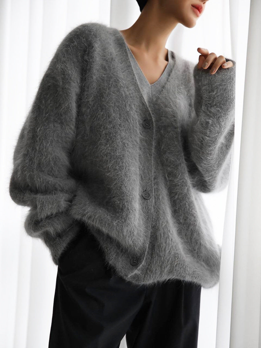 GR Plush Loose Long Sleeve V-Neck Buttoned Cardigan