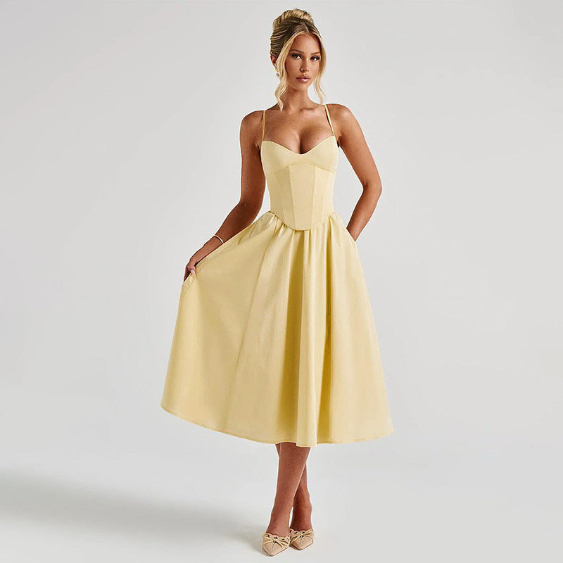 Damen Midi Kleid mit figurbetonter Corsage und schwingendem Rock GR