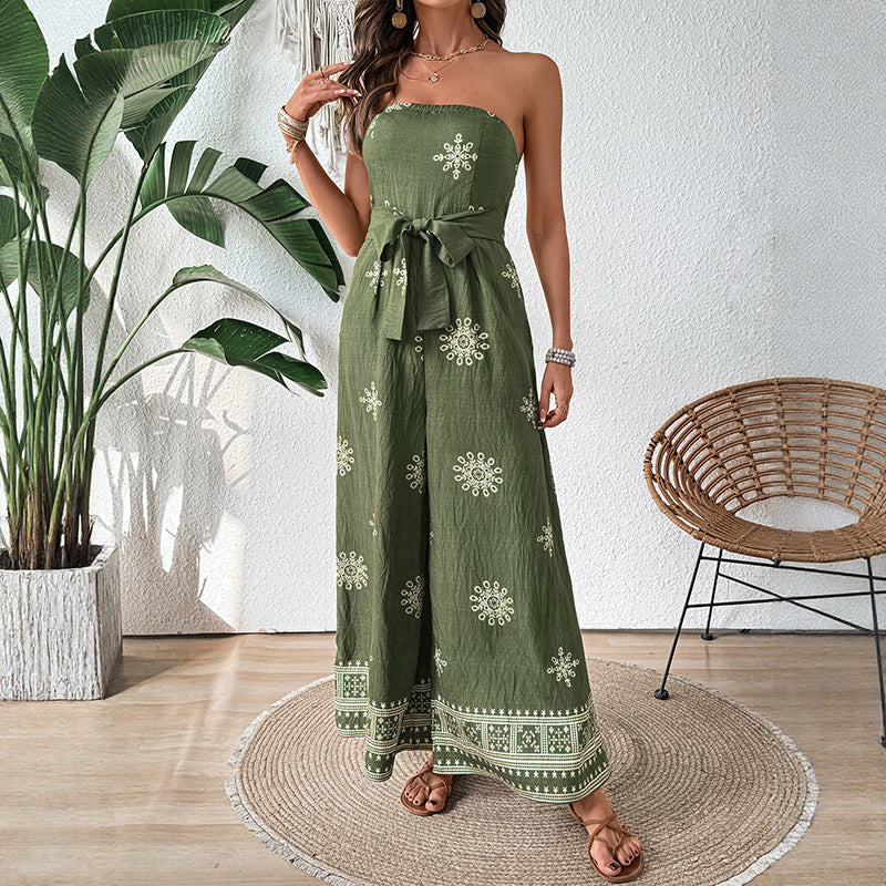 Women's jumpsuit with off-the-shoulder design and elegant tie belt, size