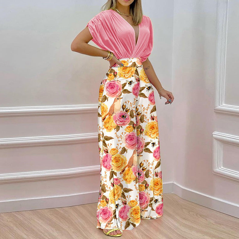 Women's jumpsuit with deep V-neck and wide leg, size