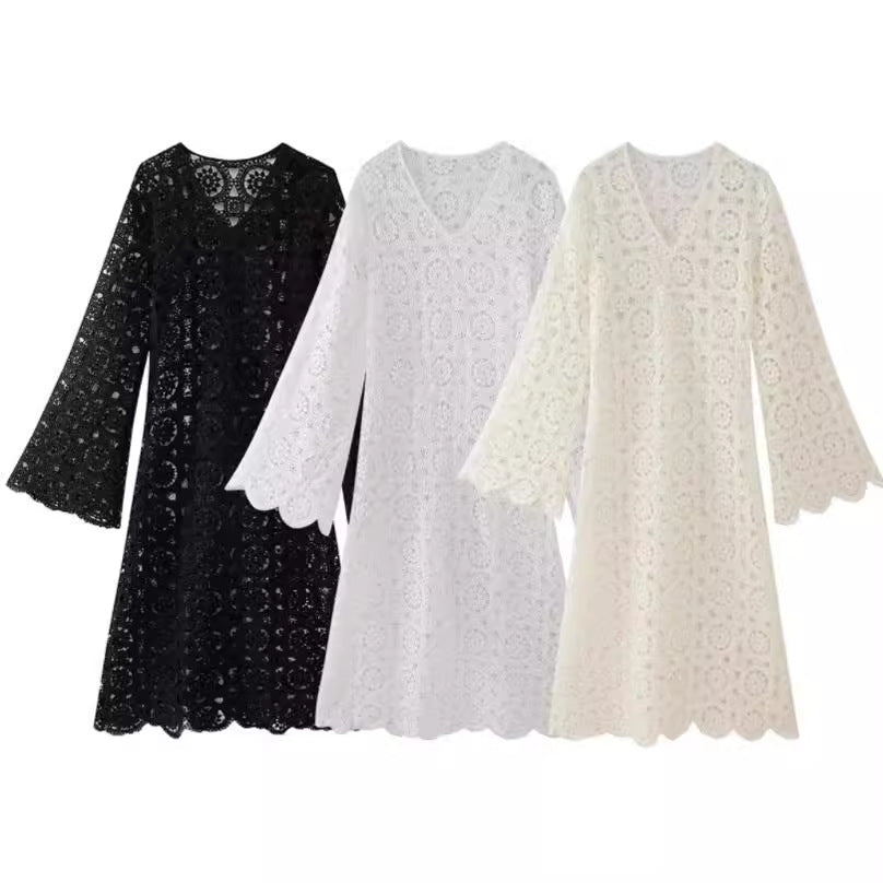Women's airy crochet dress with wide sleeves, size