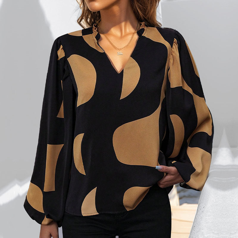 Damen Bluse mit modischem V-Ausschnitt und einzigartigem Muster GR