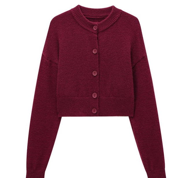 Women's short cardigan with button placket and elegant round neckline, size