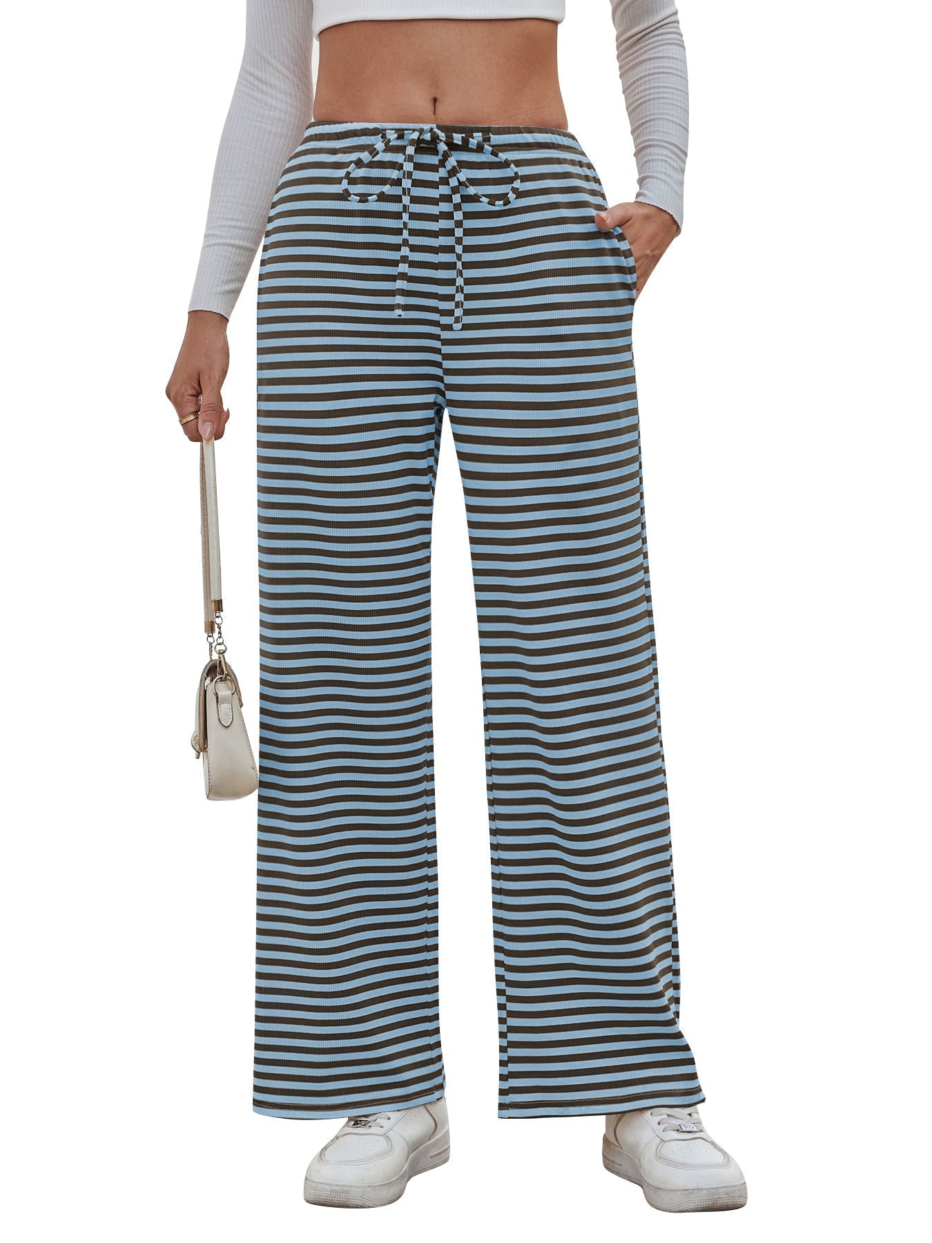 Damen weite Streifenhose mit elastischem Bund und Kordelzug GR