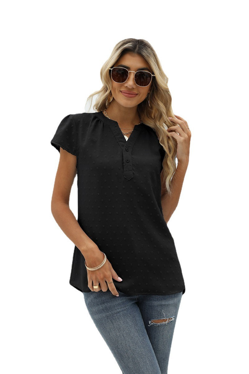 GR | Jacquard Chiffon Loose V-Neck Short Sleeve Top