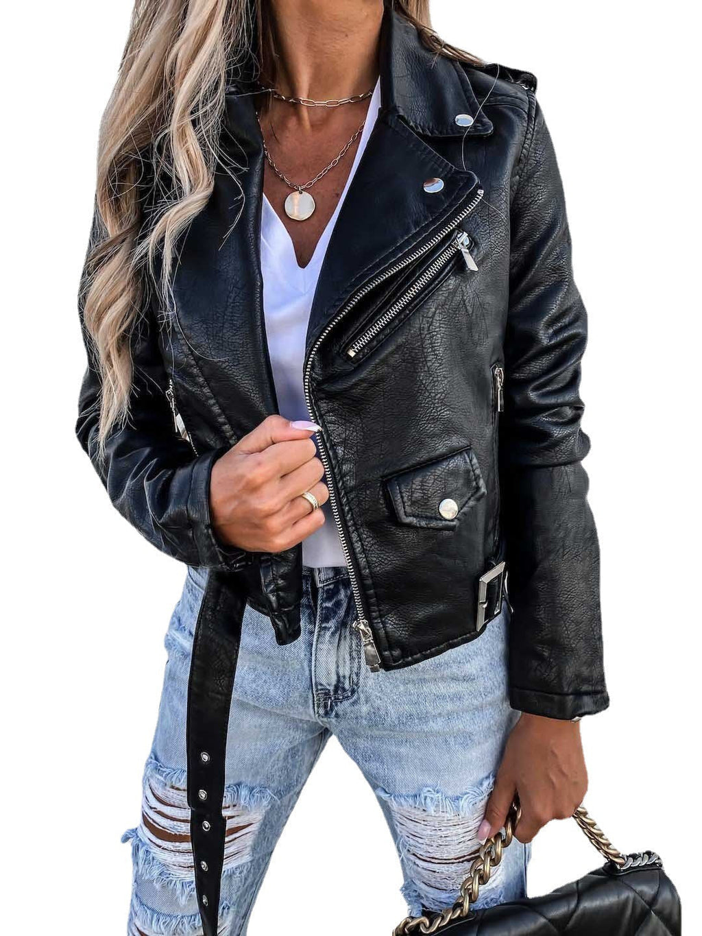 GR-PU leather coat, short zip jacket